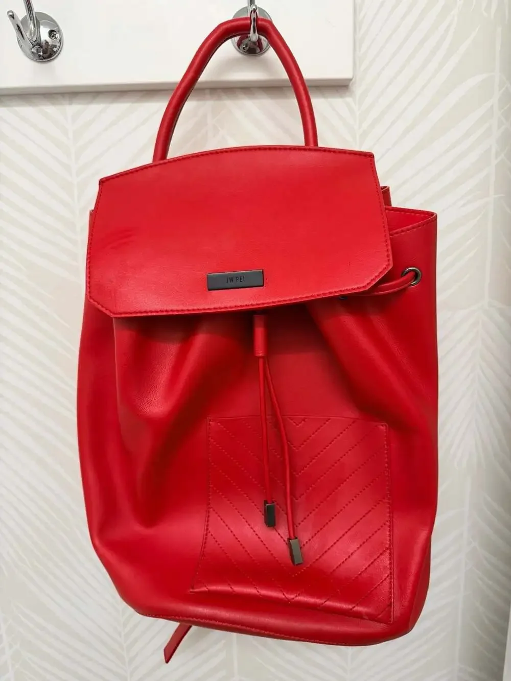 JW PEI Red Faux Leather Drawstring Backpack with Quilted Pocket Red